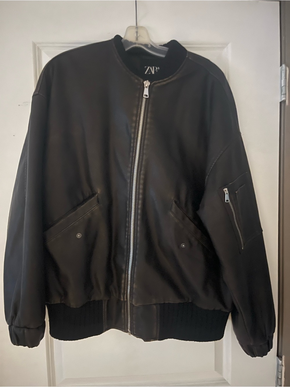 Zara brown Leather Bomber with Silver Zip